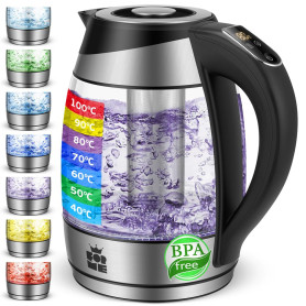 FOR ME Bouilloire Électrique en Verre 1.8L, Contrôle de la Température, Température Réglable à Partir de 40°C à 100°C, Éclairage