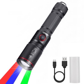 Alonefire SV96 RGBW 4 Couleurs Multicolore LED Lampe Torche Rechargeable USB C Blanc Vert Lumière Bleue, Lampe de Poche Rouge St