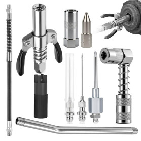 Hutglcfpy Embout Pompe a Graisse 10 Pcs–Coupleur Auto-Verrouillant Double Poignée, Embout à 90°, Flexible 30 CM et Accessoires–C