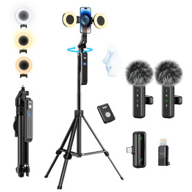 yAyusi Vlogging Kit pour iPhone/Andriod, Kit Youtuber Complet avec Automatique Trépied Smartphone de Suivi du Visage Rotation à 