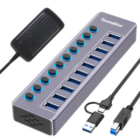 Tccmebius Hub USB Alimenté à 10 Ports Aluminium USB 3.0 Data Hub avec Interrupteur Séparé LED, Adaptateur d'alimentation 12V/3A,