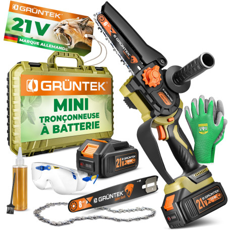GRÜNTEK Mini Tronçonneuse à Batterie Scie Tronconneuse Électrique Sans Fil Brushless Élagueuse de Jardin avec 2 Batteries, 2 Cha