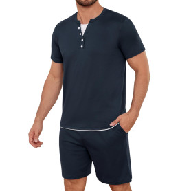 Jahetuul Pyjama Homme Court en Coton Été Ensemble de Pyjama à Col en V avec Boutons Décoratifs T-Shirt Uni et Short Uni avec Poc