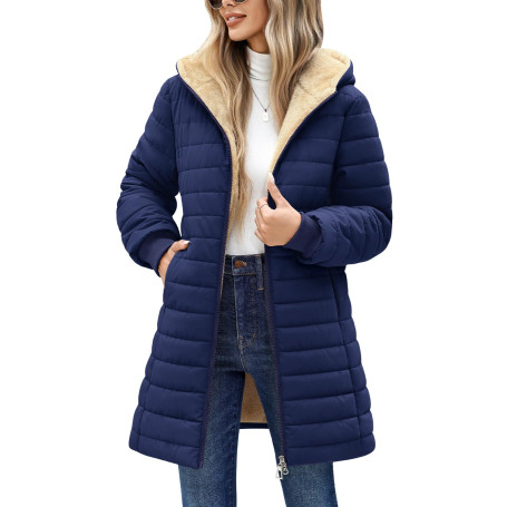 Tuopuda Manteau Femme Hiver Matelassée Veste Polaire Chaud Parkas Blouson Zippée à Capuche mi Longue Coat Outercoat Slim Fit Cas