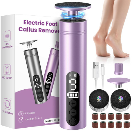 Rapeuse Pieds Électrique Puissante, 2-en-1 Ponceuse Pieds et Lime Ongles avec Écran LED, 9 Vitesses, Rechargeable, Kit Pédicure 