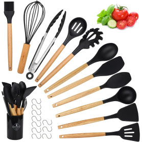 22 Ustensiles de Cuisine en Silicone avec Manche Bois – Antiadhésifs Résistants à la Chaleur Avec 10 Crochets et Porte-Ustensile