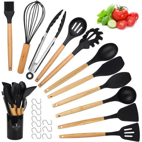 22 Ustensiles de Cuisine en Silicone avec Manche Bois – Antiadhésifs Résistants à la Chaleur Avec 10 Crochets et Porte-Ustensile