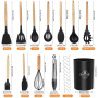 22 Ustensiles de Cuisine en Silicone avec Manche Bois – Antiadhésifs Résistants à la Chaleur Avec 10 Crochets et Porte-Ustensile