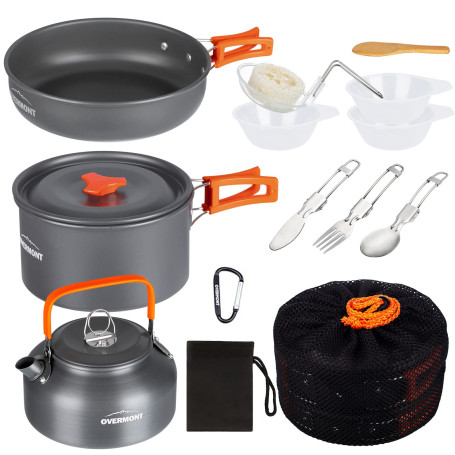 OVERMONT Kit de Casseroles Camping 14pcs Poêlé Set en Aluminium Durable, Ensemble Gril Pot Pratique de Pique-Nique avec Cafetièr