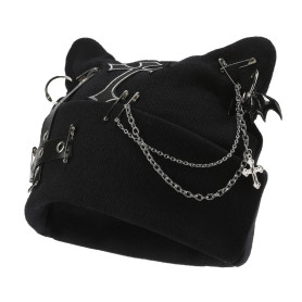 Calkkrer Bonnet en Tricot Noir avec Oreilles de Chat Style Goth, Beanie Grunge pour Femmes Look Y2K, Accessoire Streetwear pour 