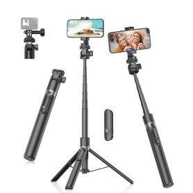 Gahenwo 173cm Perche Selfie Monopode/Trépied pour Caméra d'action, Trepied Smartphone Tout-en-Un avec Télécommande, Support de T