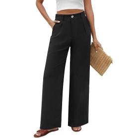 PASUDA Pantalon Femme Été Fluide Pantalons Taille Haute Elastique Léger Ample avec Bouton Pantacourt avec Poches Longueur Droit 