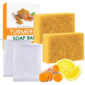2 Pièces Savon Curcuma Visage, Kojic Acid Soap Turmeric Soap, Savon Curcuma Visage et Corps, Hydrater et Eclaircir le Teint, Rét