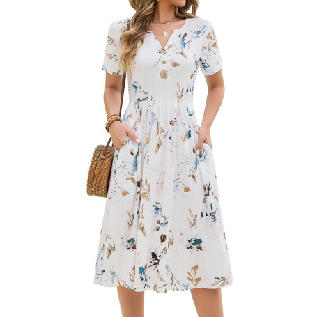 CMTOP Robe Femme Ete Chic et Elegant Col en V Fleurie Robe Mi Longue Décontractée Manches Courtes Boutons Genou Légère Robe Styl