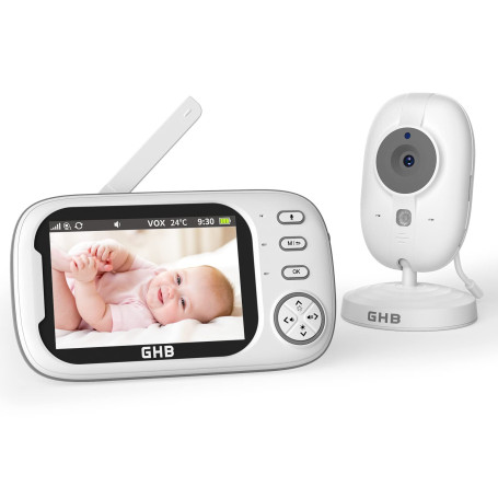 GHB Babyphone Camera Écran LCD 3,5 inches Camera Surveillance Bebe 4X Zoom 8 Berceuses sans WiFi 2,4 GHz Surveillance de Tempéra