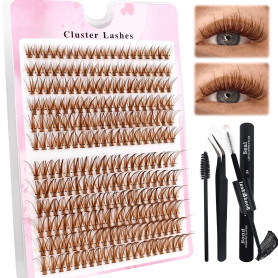 240 Pcs Brown DIY Extensions de cils Set 0.07D Cils Uniques Faux cils individuels Cluster avec colle à cils et pince à épiler po