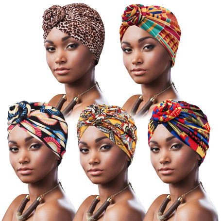 DRESHOW 5 Pièces Turban Africain pour Femme Bonnet Pré-noué Bonnet Chimio Casquette de Perte de Cheveux Chapeau