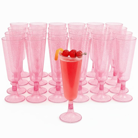 MATANA 50 Flûtes à Champagne en Plastique Rose Réutilisables Premium avec Paillettes, 150ml - Verres à Champagne, Coupes de Cham