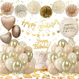 Decoration Anniversaire Fille Femme, Ballons Anniversaire Beige Or avec Banderole Happy Birthday, Ballons en Aluminium Coeur, Po