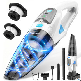 Topipop Aspirateur à Main sans Fil 25000Pa, Batterie 8000mAh & Filtre HEPA Lavable, Mini Aspirateur avec LED, 3 Embouts et Stati