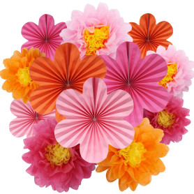 BestoFun Ensemble de 12 Éventails en Papier et Pompons en Papier Rose et Orange, Guirlande Suspendue pour Mariage, Anniversaire,