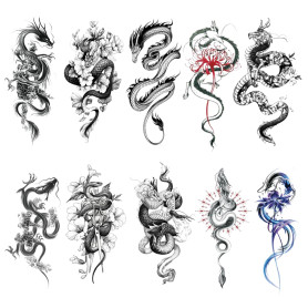 Qiwenr 10 Feuilles Tatouage Temporaire de Dragon, Tatouages Dragon Noir pour Homme Femme, Tattoo Temporaire, pour Halloween, Cos