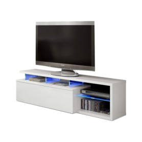 Meuble TV LED Blanc Brillant avec 4 Niches de Rangement