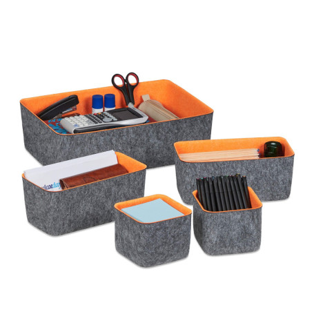 Lot de 5 Paniers de Rangement en Feutre Gris et Orange pour Bureau