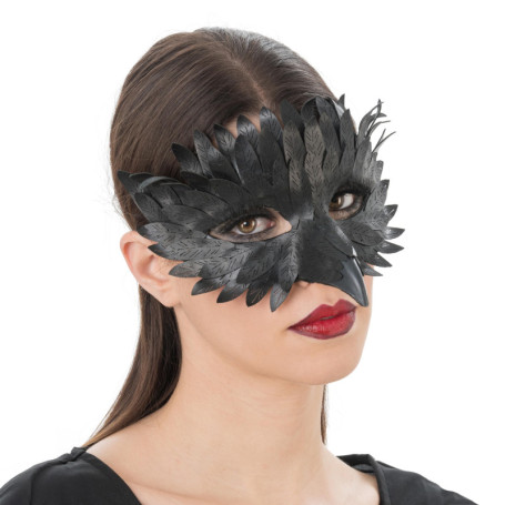 Masque de Corbeau en Similicuir avec Plumes - Accessoire Halloween et Carnaval
