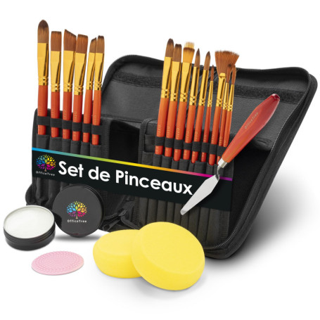 Ensemble de Pinceaux Artistiques OfficeTree - 15 Pinceaux, Couteau à Palette et Éponges
