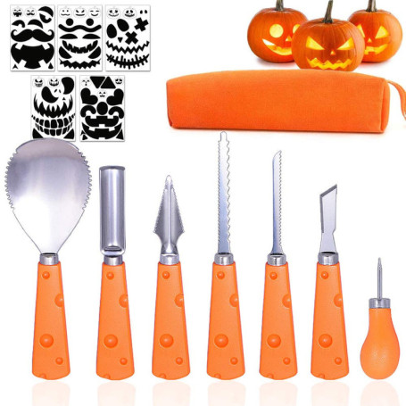 Kit de Sculpture de Citrouille Halloween Taspire - 7 Outils en Acier Inoxydable avec Pochoirs