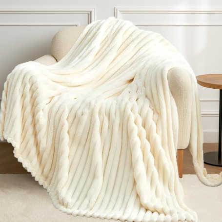 Plaid Flanelle Ivoire 100x150 cm - Couverture Douce et Hypoallergénique