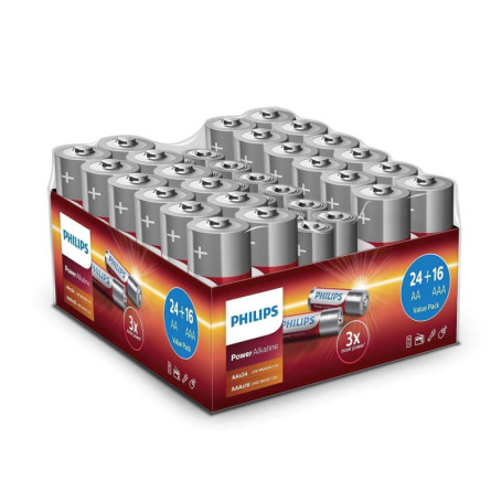 Pack de 40 Piles Alcalines Philips - 24 AA et 16 AAA pour Tous Vos Appareils