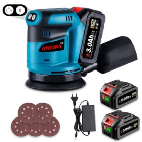 Ponceuse Excentrique Sans Fil ONEVAN 125mm avec 2 Batteries 3000mAh et Sac à Poussière