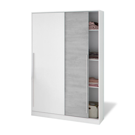Armoire à 2 Portes Coulissantes avec Barre de Suspension - Finition Blanche Artik et Ciment