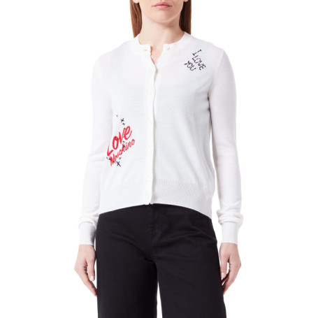 Cardigan Love Moschino à Manches Longues en Mélange de Laine - Blanc Optique