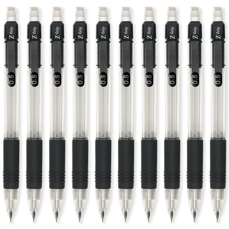 Lot de 10 Porte-mines Rétractables Zebra Z-Grip - Noir et Transparent, Mine HB 0,5 mm