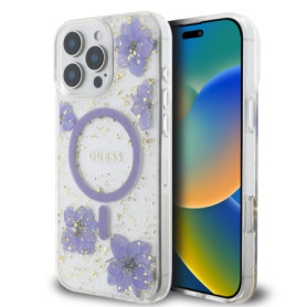 Coque de téléphone CG Mobile Guess pour iPhone 16 Pro - Violet Fleurs en Résine
