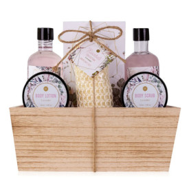 Ensemble de Douche Lavande Accentra - Coffret Bien-Être 6 Pièces en Panier Bois