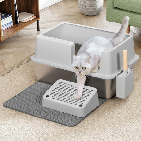 Litière Semi-Ouverte XXL pour Chat avec Base en Acier Inoxydable - 35 Litres