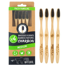 Pack Familial de 4 Brosses à Dents en Bambou avec Charbon Actif
