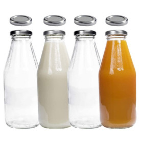 Lot de 4 Bouteilles en Verre 500 ml avec Couvercles Argentés et Étiquettes