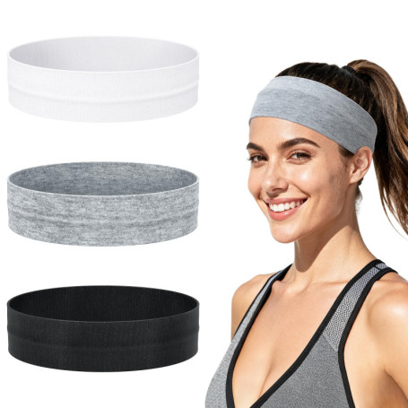 Pack de 3 Bandeaux Cheveux Antidérapants pour Femme et Homme - Noir, Blanc, Gris