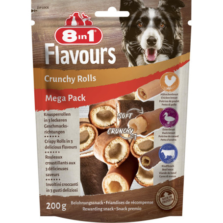8in1 Flavours Crunchy Rolls - Friandises Croustillantes pour Chien Adulte au Poulet, Canard et Bœuf - 200 g