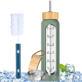 Bouteille en Verre Incassable GAOUTO 1000 ml avec Couvercle en Bambou et Marqueurs de Temps