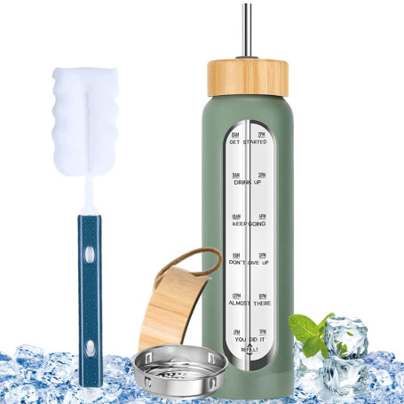Bouteille en Verre Incassable GAOUTO 1000 ml avec Couvercle en Bambou et Marqueurs de Temps