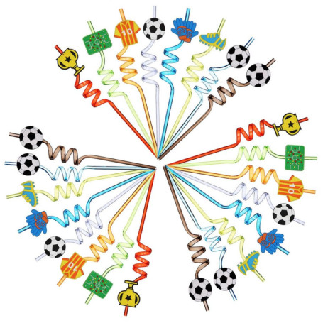 Pailles Bouclées Colorées en Plastique pour Enfants - 24 Pièces avec Design Football
