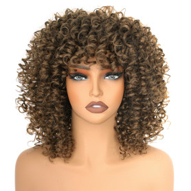 PORSMEER perruque brune courte afro bresilienne Bouclée avec frange pour femmes noires court kinky curly cheveux perruque synthé