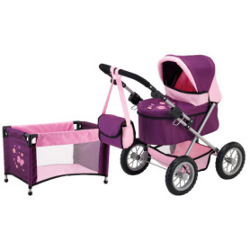 Poussette Landau Trendy pour Poupée avec Lit et Sac - Prune
