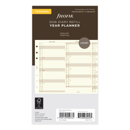 Agenda Annuel Filofax 2026 en Coton Crème - Format A5